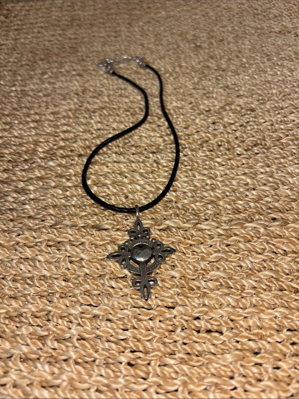 Vintage Brighton Leather Black Cord Necklace w Decorative Silver Cross Pendant